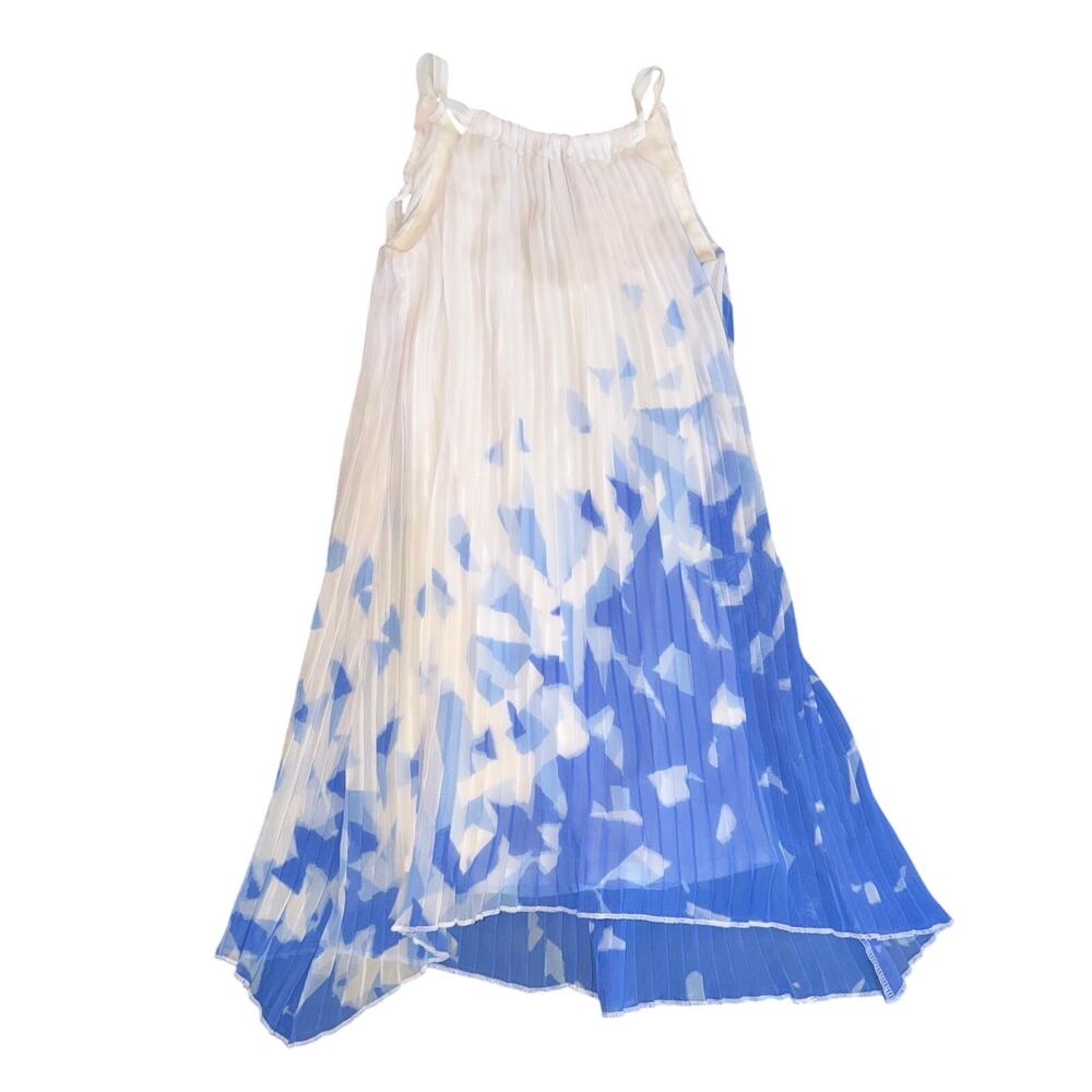 Pleated Silk Blue & White Abstract Watercolor Shift Halter Dress - Size Medium
